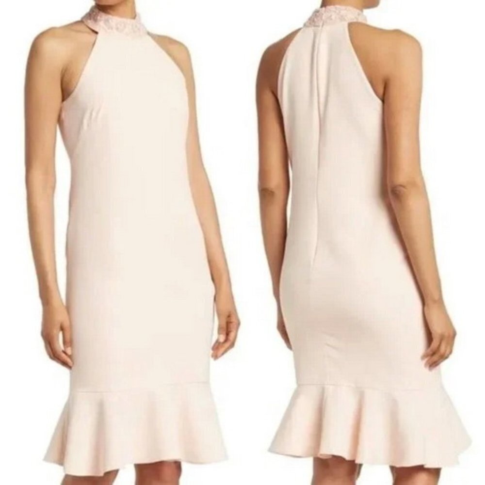 Marina Petal Halterneck Bead Collar Ruffled Hem Formal Midi-Dress